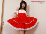 Sweet asian maid in red dress show pink pussy